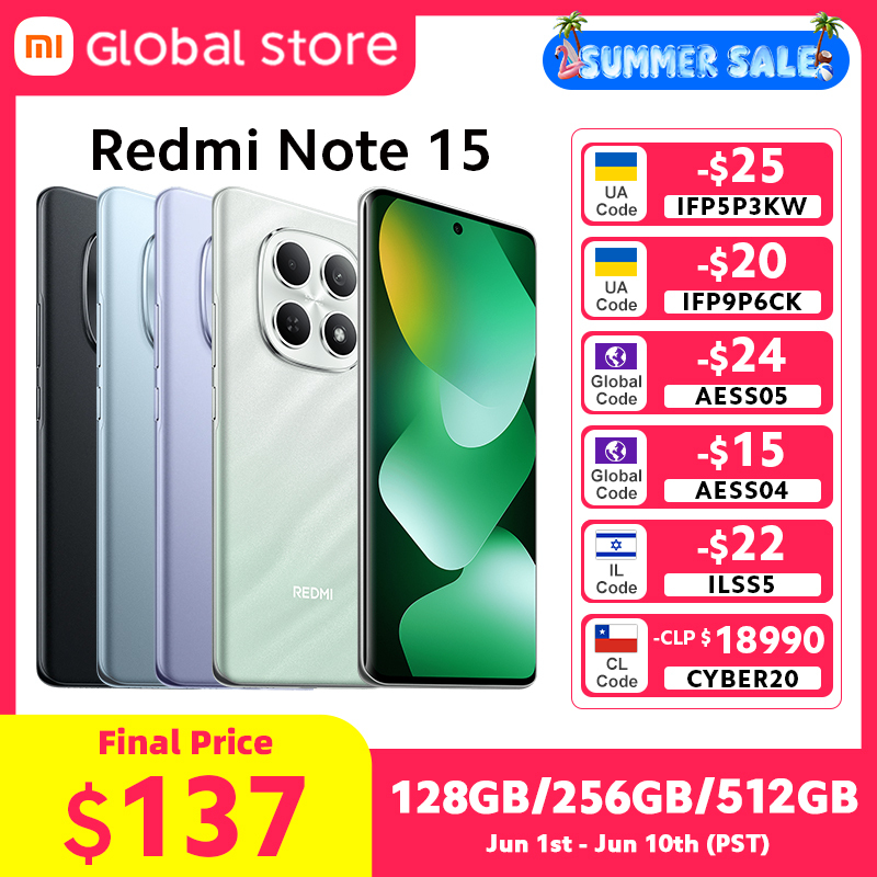  New Global Version Xiaomi Redmi Note 15 4G Smartphone 128GB / 256GB 108MP Camera 6.77" AMOLED MTK Helio G100-Ultra 33W 6000mAh 