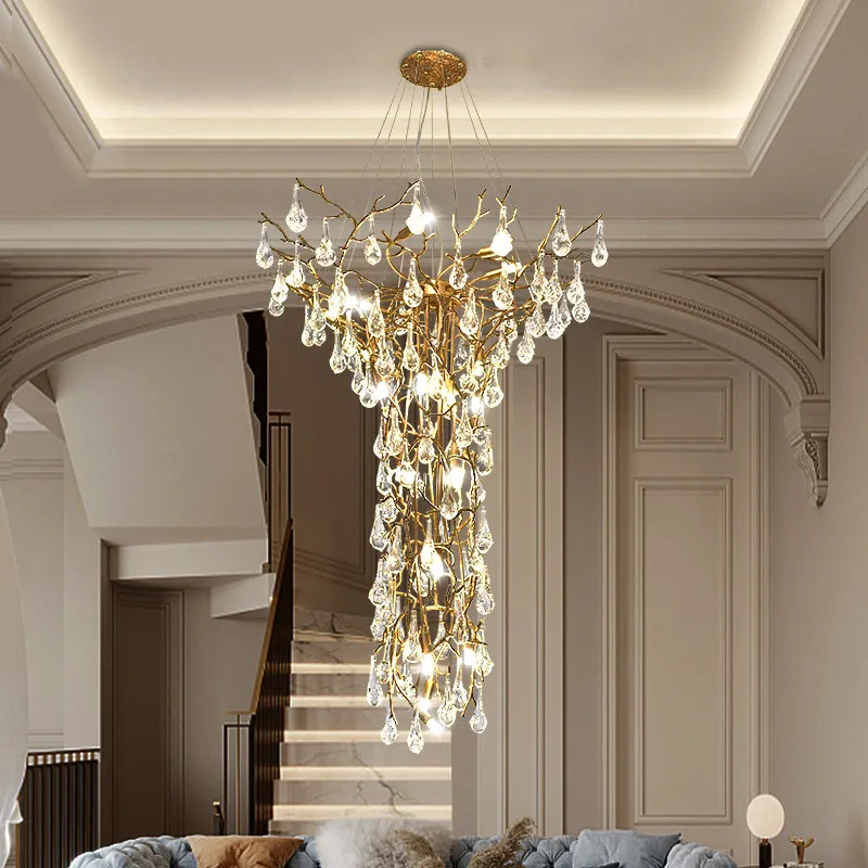 Light Luxury Modern Crystal Duplex Villa Living Room Large Chandelier Artistic Staircase Light Hotel All Copper Customized Light