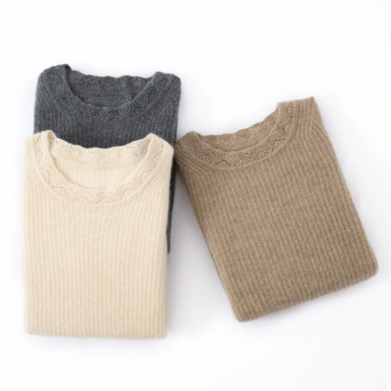 

Choice Women 100% Cashmere Sweater Loose Pullover Autumn Winter Baby Cashmere Knitwear High Quality Holow Lace round neck Top