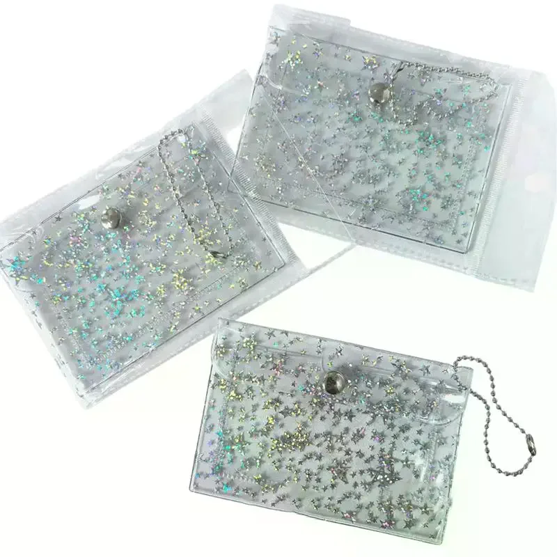 1Pcs Mini Snap Coin Purse With Bead Chain Keyring Star Glitter Clear PVC Card Holder For ID Card Daily Storage Gift
