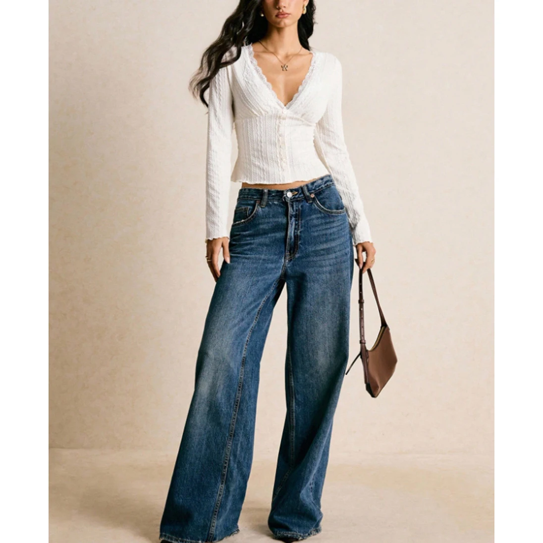 Cropped for v Neck Knit For Top for Women Made of Polyester with Lace Trim Solid Design Waist Definition and Regular Length