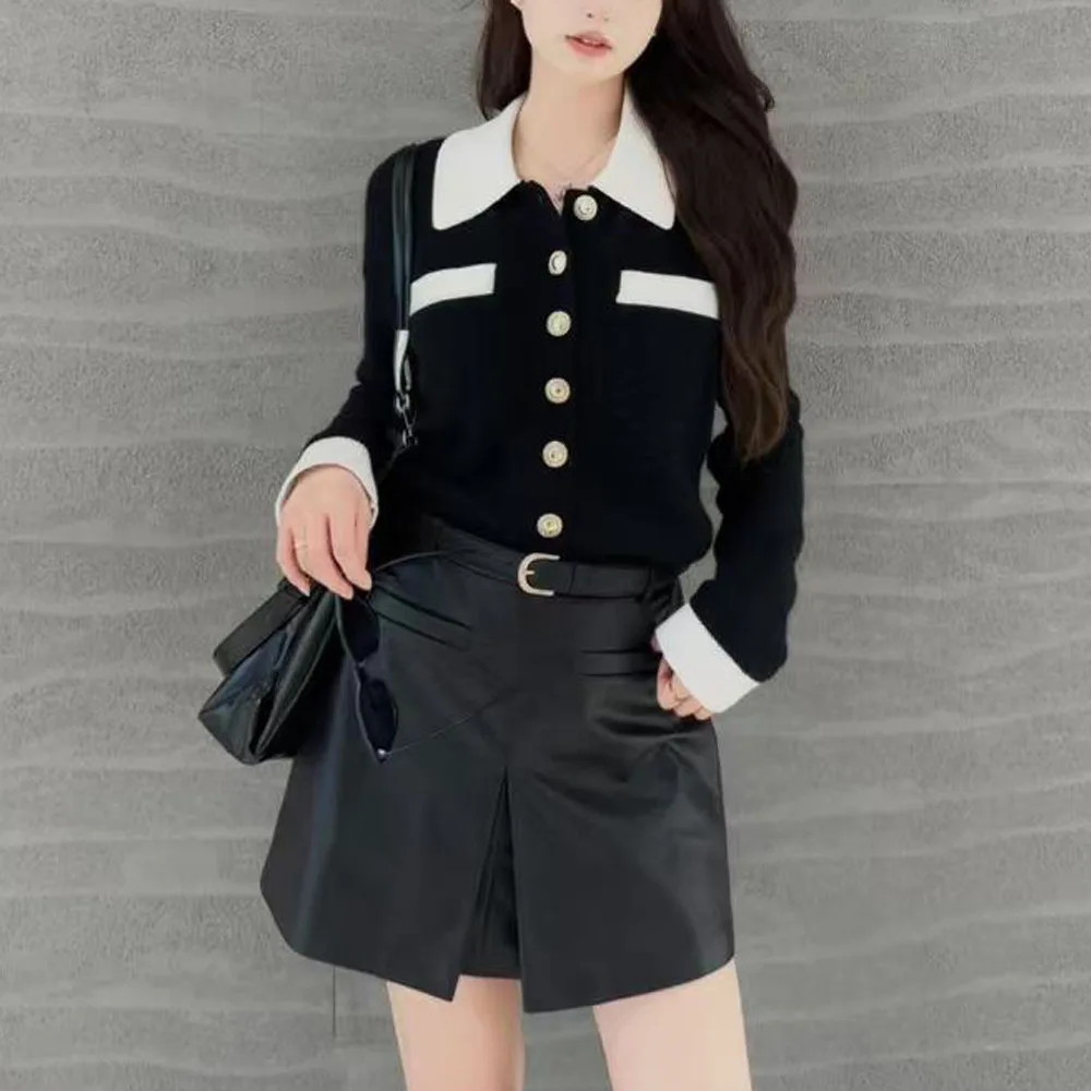 

Ele Slimming Long Sve Knitted Open Cardigan Single Button Contrast Color Collar Women's Faion Spring New Arrival