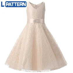 LPATTERN Vintage Dress for Girls Lace Sleeveless V-Neck Children's Party Dress with Belt Toddler Kids Daily Costume for Summer