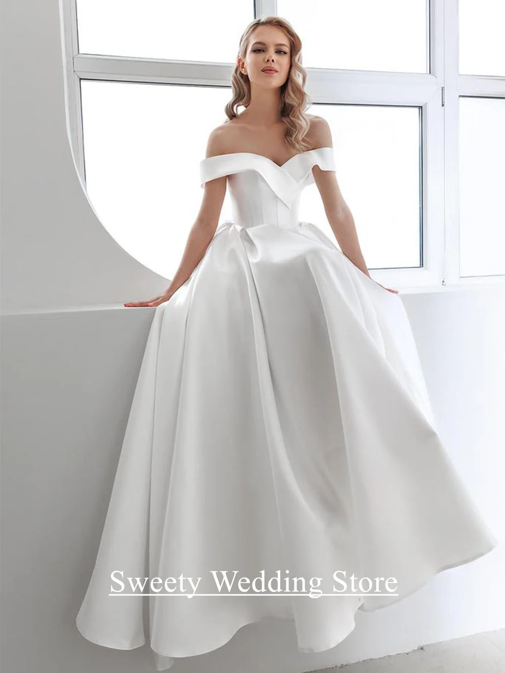 فساتين الزفاف الحديثة Vestido De Noiva مخصصة الخامس الرقبة قبالة الكتف ثنيات ألف خط قطار الاجتياح مشد فساتين الزفاف #4