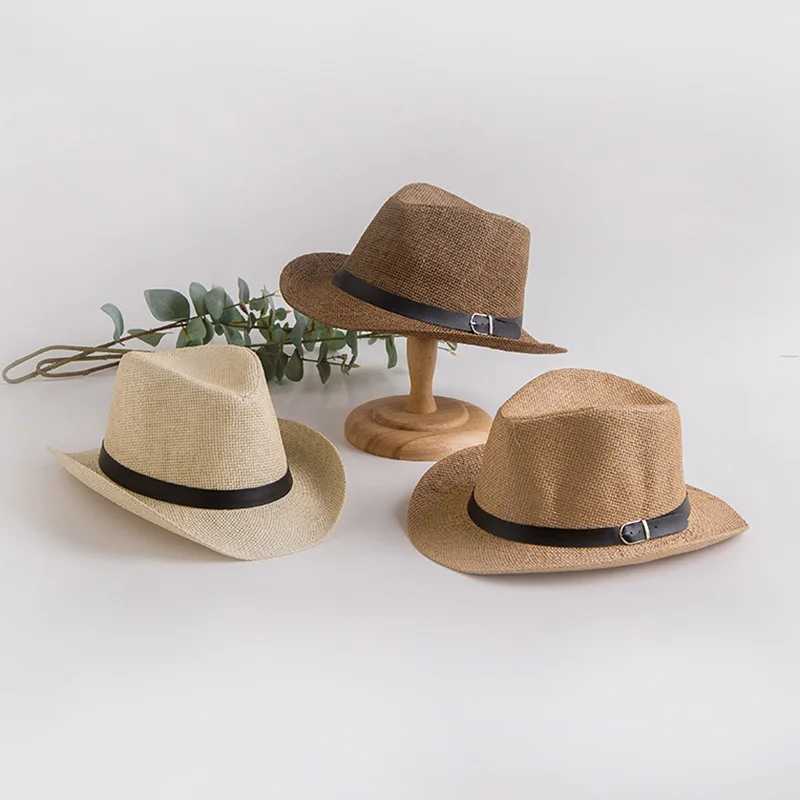 Straw Curved Brim Fedora, British Retro Jazz Hat with Belt, Western Outdoor Sun Fishing Cap Wholesale Cross Border