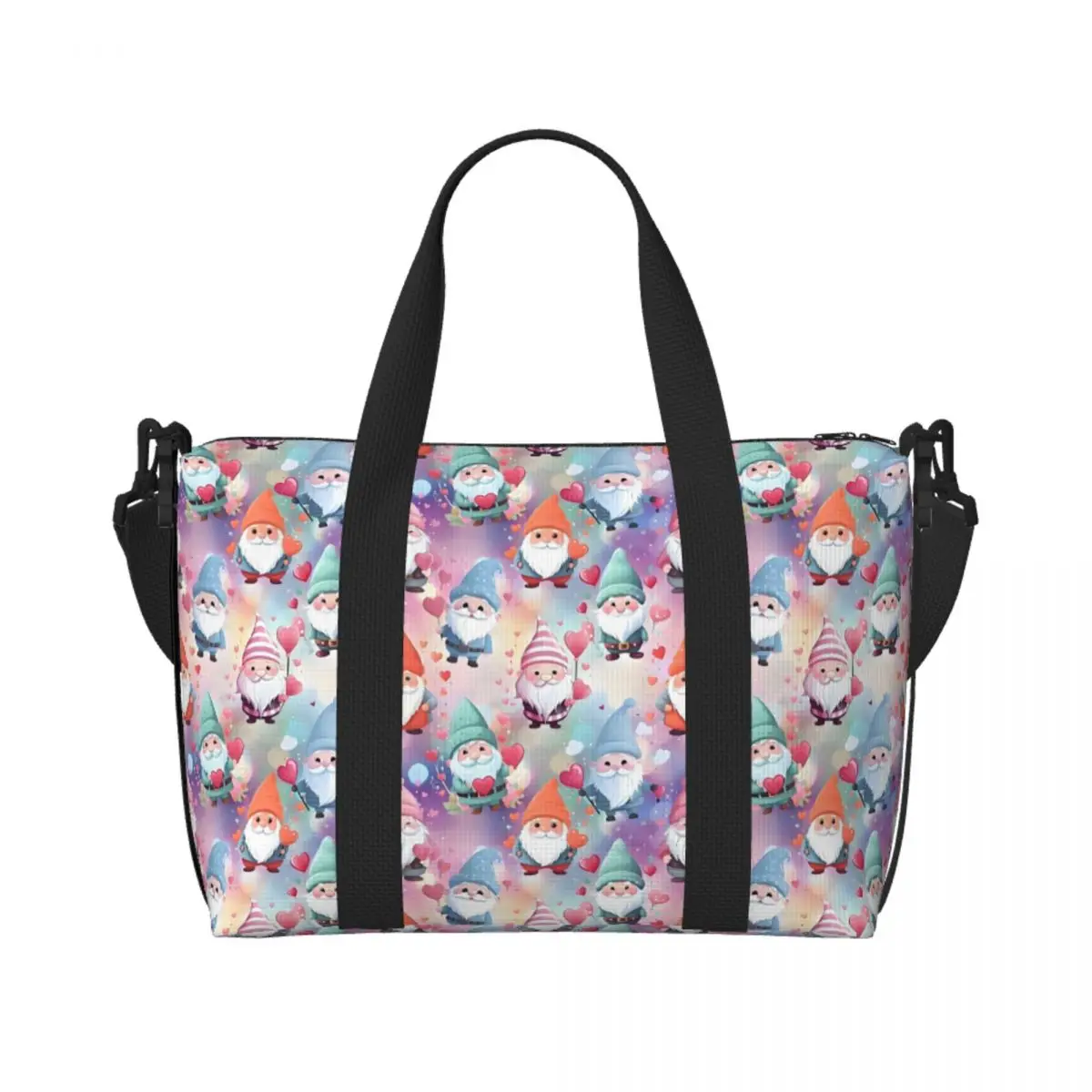 

Custom Happy Gnomes With Heart Balloon Beach Tote Bag for Women Extra Large Gym Carry On Cartoon Anime Film Travel Shopping Bags
