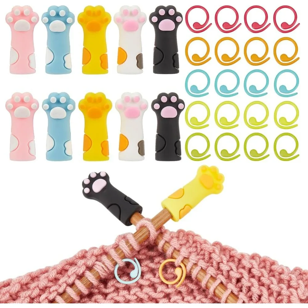 10 Pcs Knitting Needle Stoppers 25 Pcs Knitting Stitch Marker Rings Cat Paw Needle Point Protectors Stitch making kit