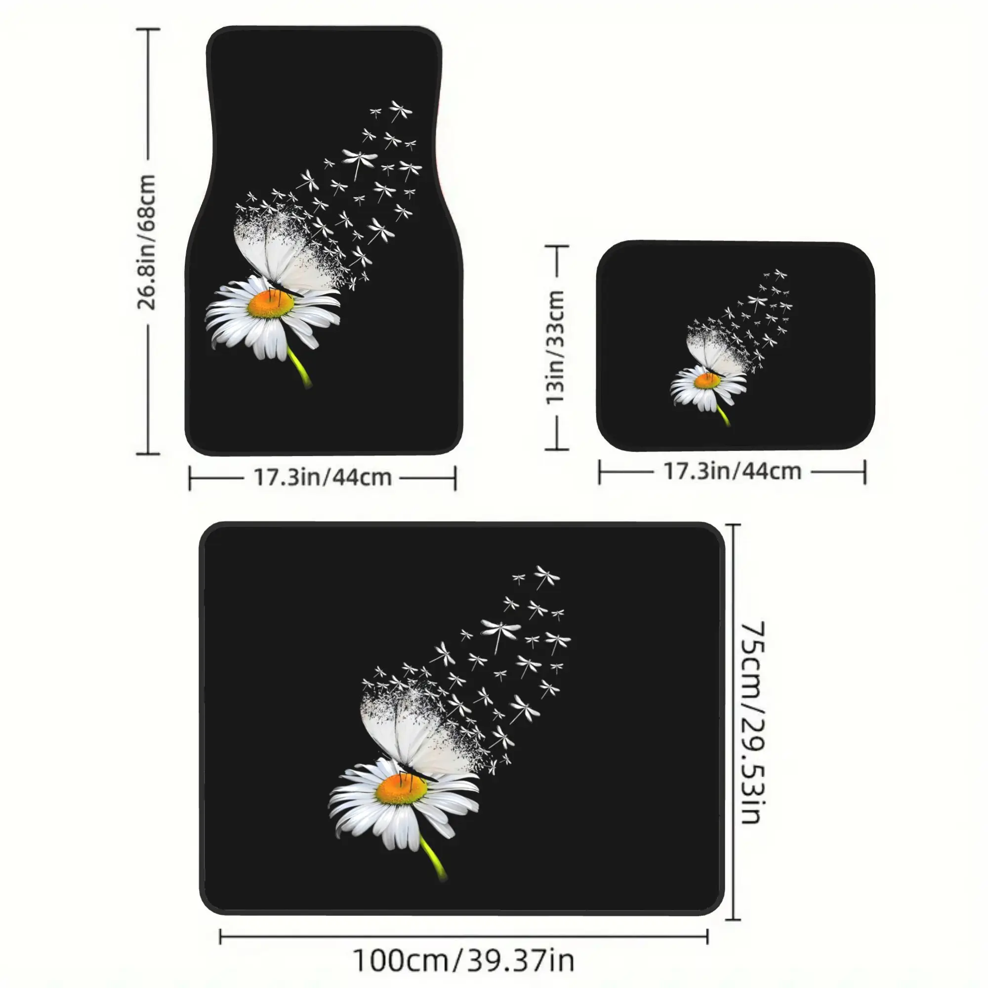 2D Flat 5pcs Daisy And Butterfly Print 4pcs Car Floor Mats And 1pc Car Trunk Mat Set, Stylish Vehicle Additions, Perfect Gift Fo