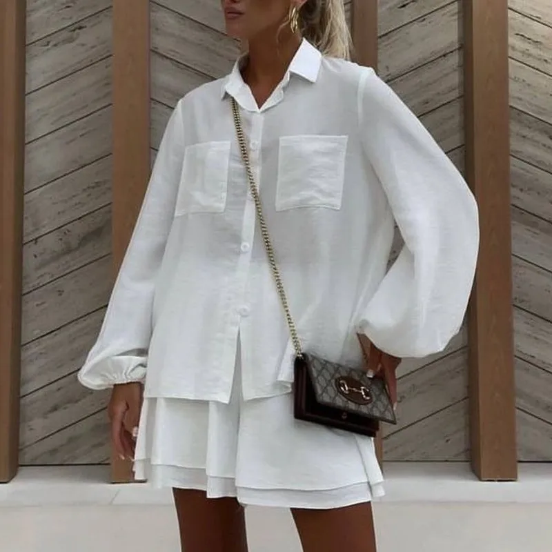Women Casual Cozy Lapel Loose Shirt Short Sets Single Breasted Blouses Elastic Waist Baggy Fashion Shorts Suits 2 Piece Sets