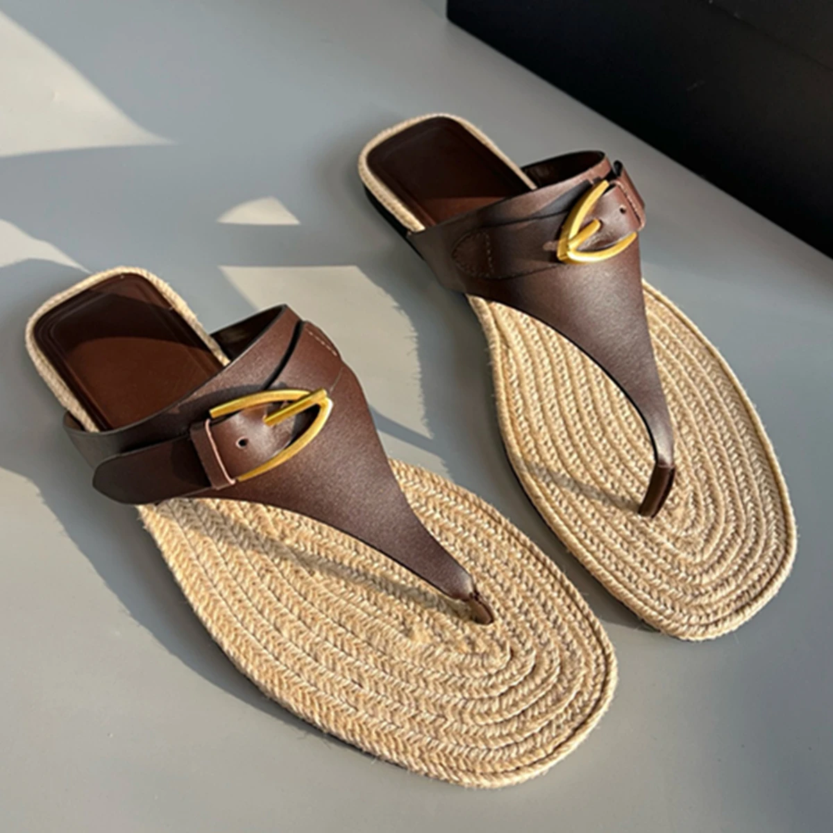 Withered Summer Sandals Patchwork Slippers Shoes Flat Shoes Women French Minimalism Ramie cowhide