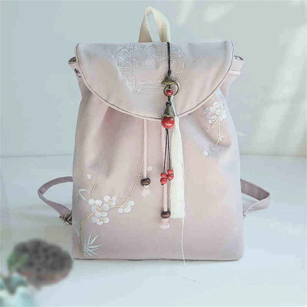 Ancient Ethnic Style Hanfu Drawstring Backpack Chinese Retro Embroidered Canvas Girls Schoolbag Travel Laptop Knapsack Handbag