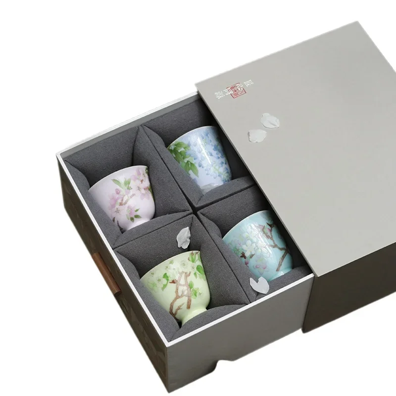 Spring breeze is like a distinguished guest, sketch hand-painted flowers, thin tire color glaze master cup, Jingdezhen four cup