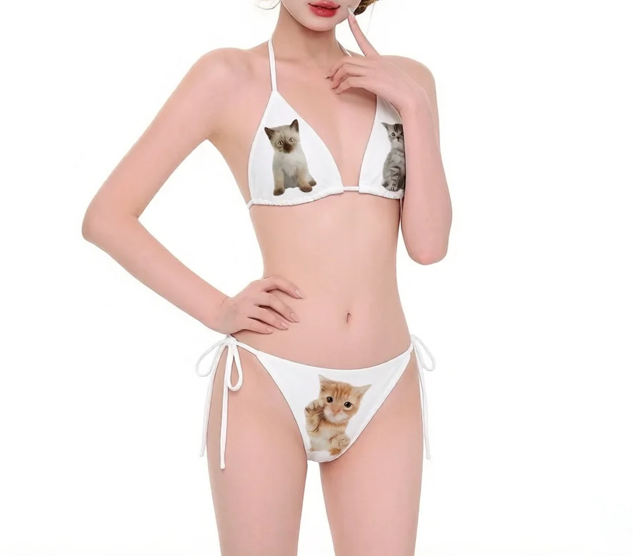 2026 Neues Sommer-Bikini-Set mit süßem und frischem Katzenmuster, Hot-Girl-Set, Nischen-Top mit Hängenähten und Triangel-Schnitt, gebundener String, Strandurlaub-Ins – Detail 4