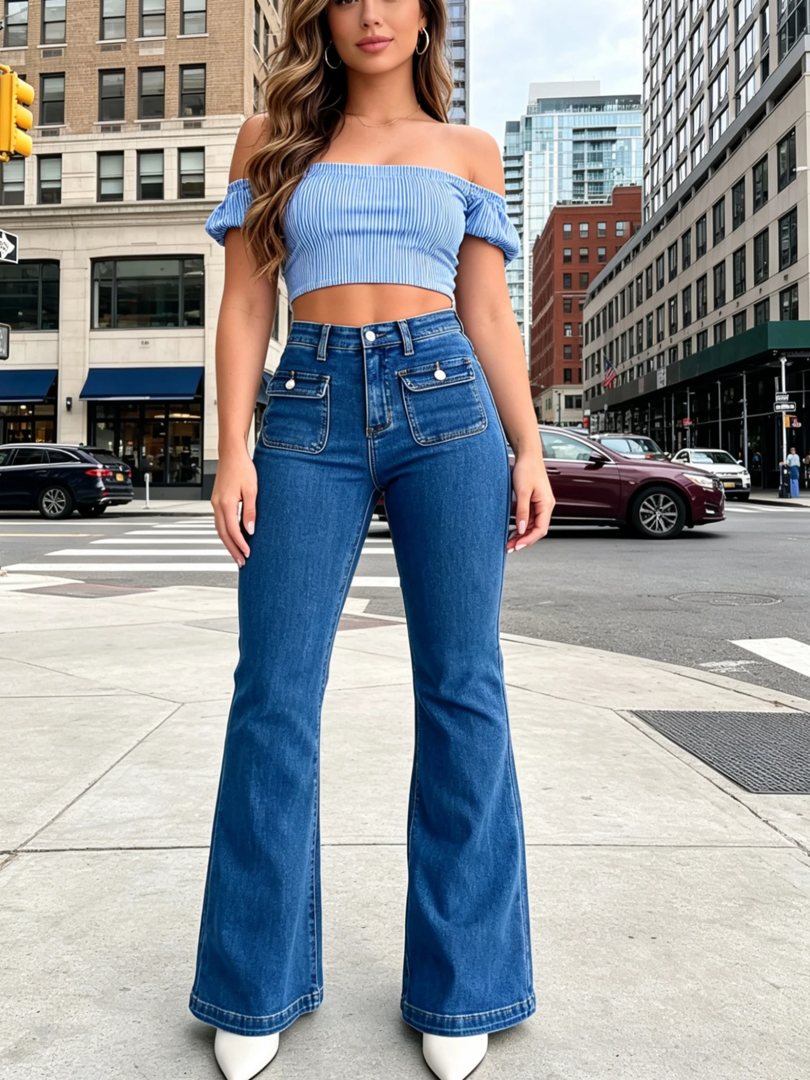 High-Waisted Slim-Fit Flare Jeans for Women, Featuring Front Patch Pockets and Contrasting Back Pockets