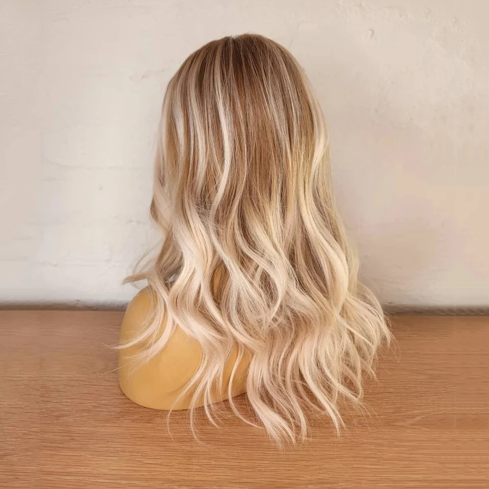 Perruque Lace Front Wig synthétique à reflets blonds, cheveux doux ondulés, racines caramel, qualité supérieure, chaleur, degré, 03/3