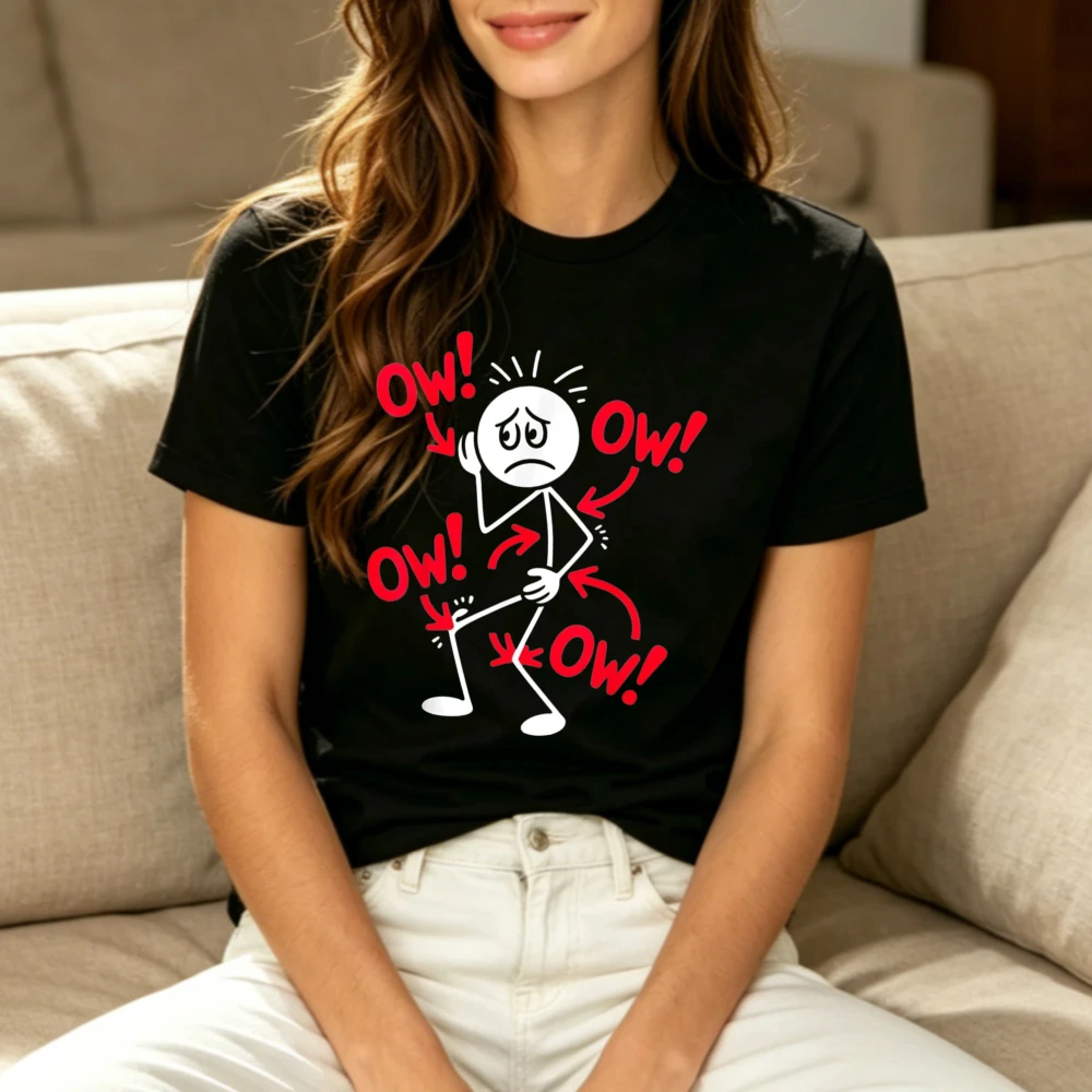Stick Figure Ow Exclamations Arrows Graphic T Shirt Funny Canadian Cartoon Fashion Casual Top