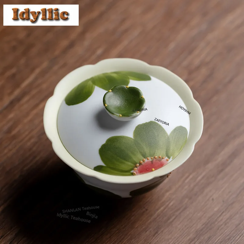 HOYIHM 100ml Hand Painted Green Calyx Stamens Gaiwan Vintage Tea Tureen Tea Bowl With Lid Kit Tea Maker Cover Bowl Cha Gifts Tea