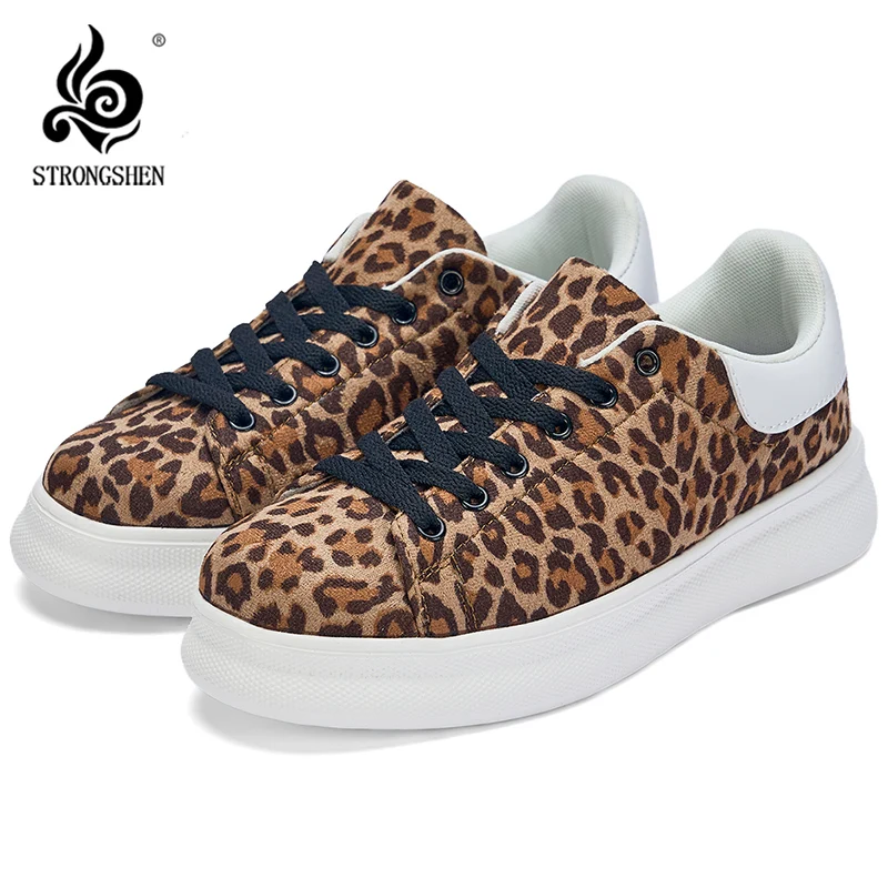 

STRONGSHEN Women Fashion Canvas Casual Shoes Men Leopard Print Round Toe Lace-up Shoes Anti Slip Breathable Sneakers Size 36-44