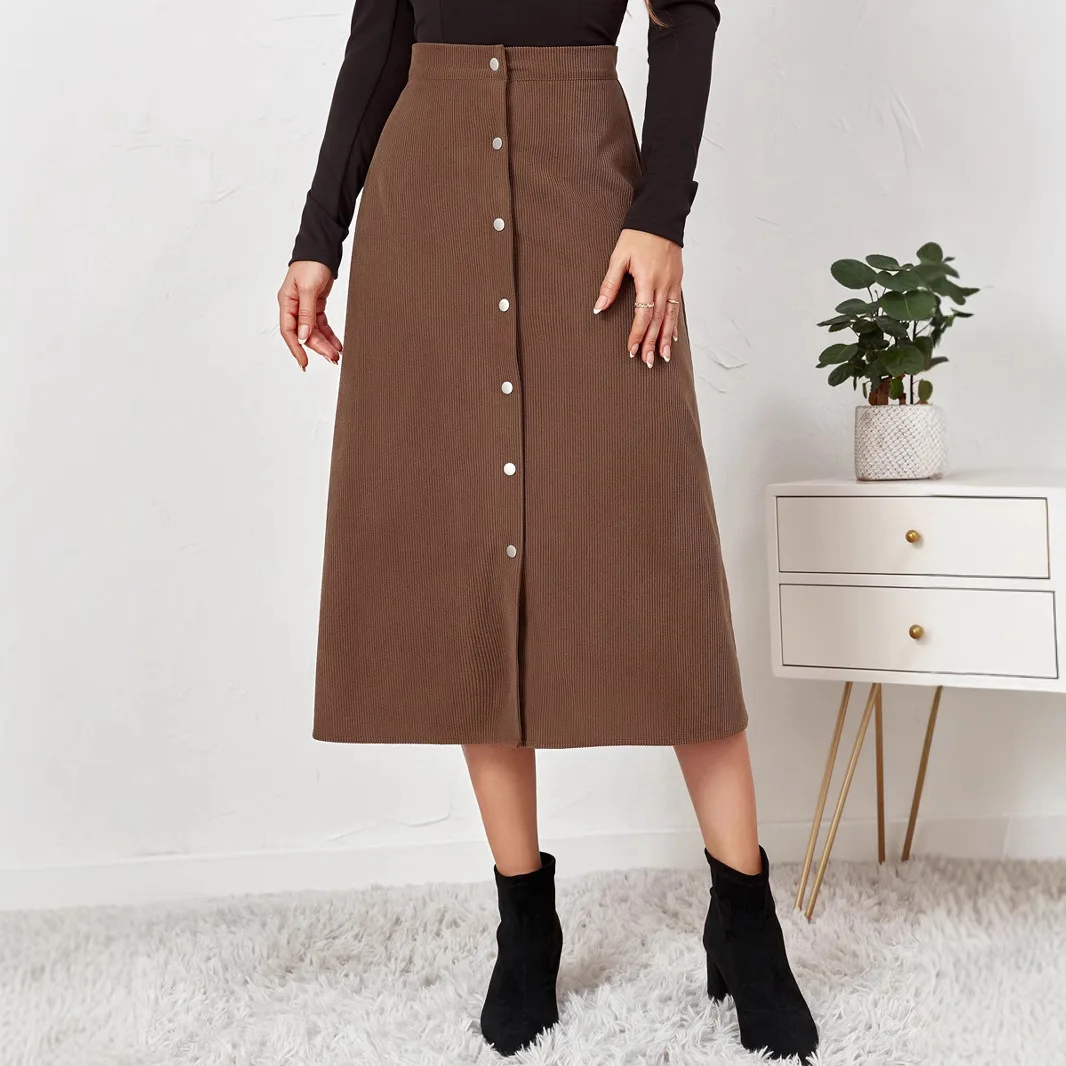 Autumn Winter Women's Corduroy Half Skirt Single-breasted High-waisted Long Skirt For Women Large Skirt Hem