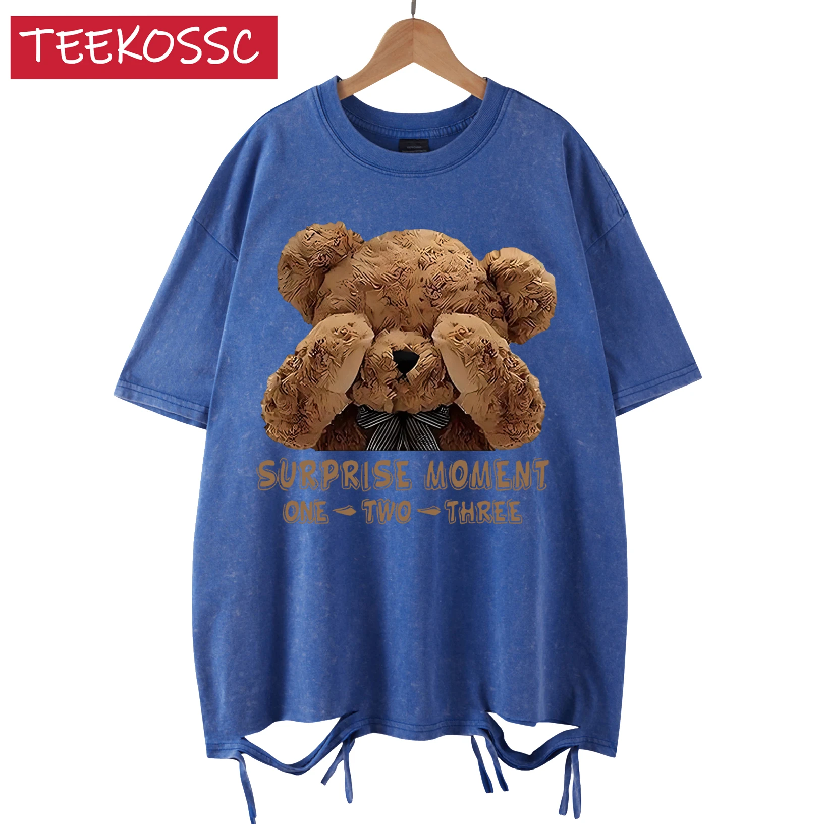 One Two Three Teddy Bear Print Washed Holes Herren T-Shirt Baumwolle Weiche T-Shirts Neue atmungsaktive Kleidung Unisex All-Match Top