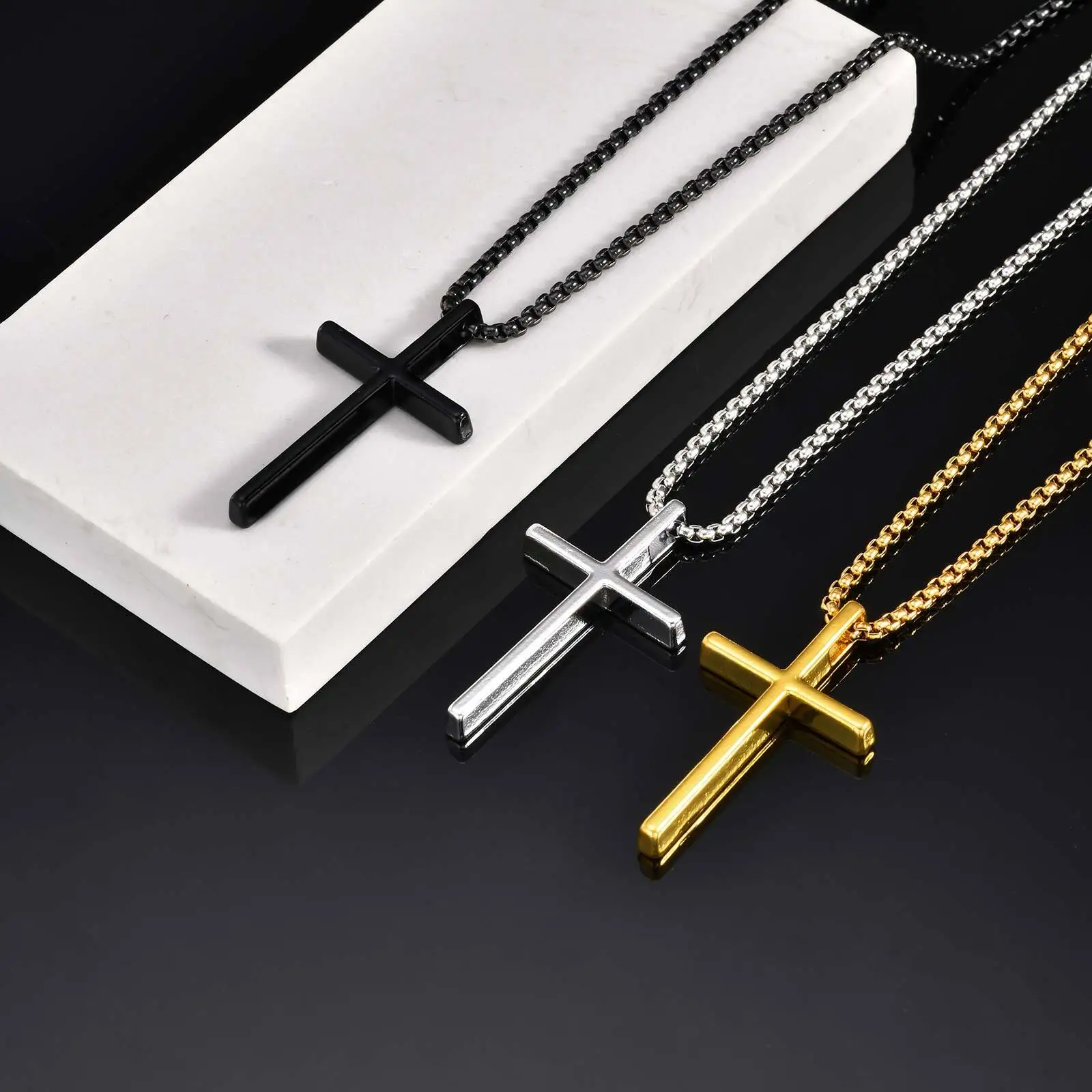 Kalung Salib Sederhana untuk Pria Anak Laki-laki, Kalung Salib Logam dengan Rantai Kotak Baja Tahan Karat 55/55CM, Hadiah Perhiasan Kasual Hip Hop