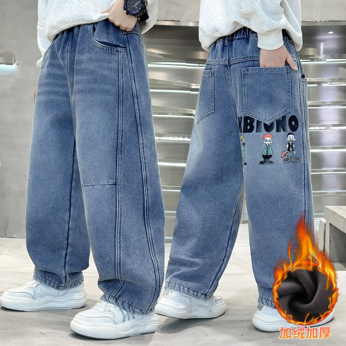 

Детские теплые термоджинсы с героями мультфильмов для мальчиков, зимние утепленные джинсовые штаны, повседневные флисовые термоштаны для детей-подростков