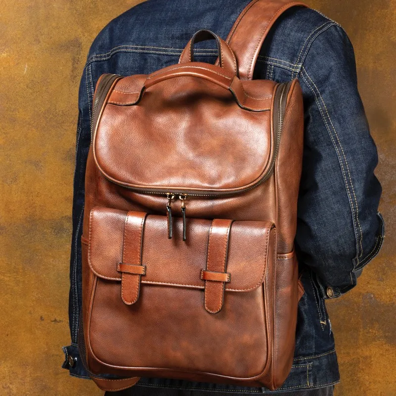 Retro trend handmade genuine leather backpack for men and women, top layer vegetable tanned cowhide double shoulder bag