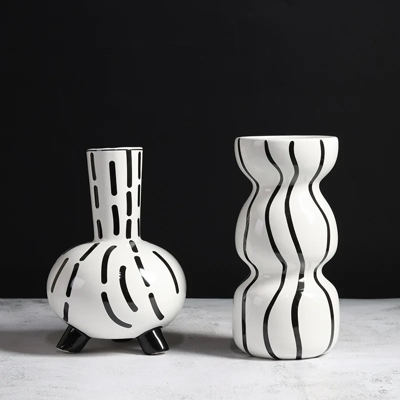 Modern Northern Europe Minimalist Black-and-white Striped Ceramic Vase Flower Arrangement Household Model Room Soft Decoration