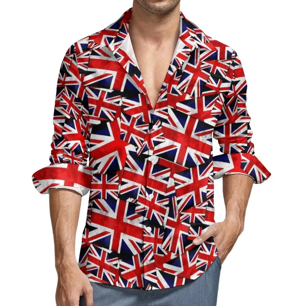 Great British Flag Shirt Flags Print Casual Shirts Long Sleeve Graphic Y2K Blouses Autumn Vintage Oversize Clothes