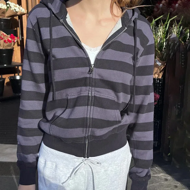 

American street style striped color casual hoodie women's new simple basic drawstring zipper cardigan coat