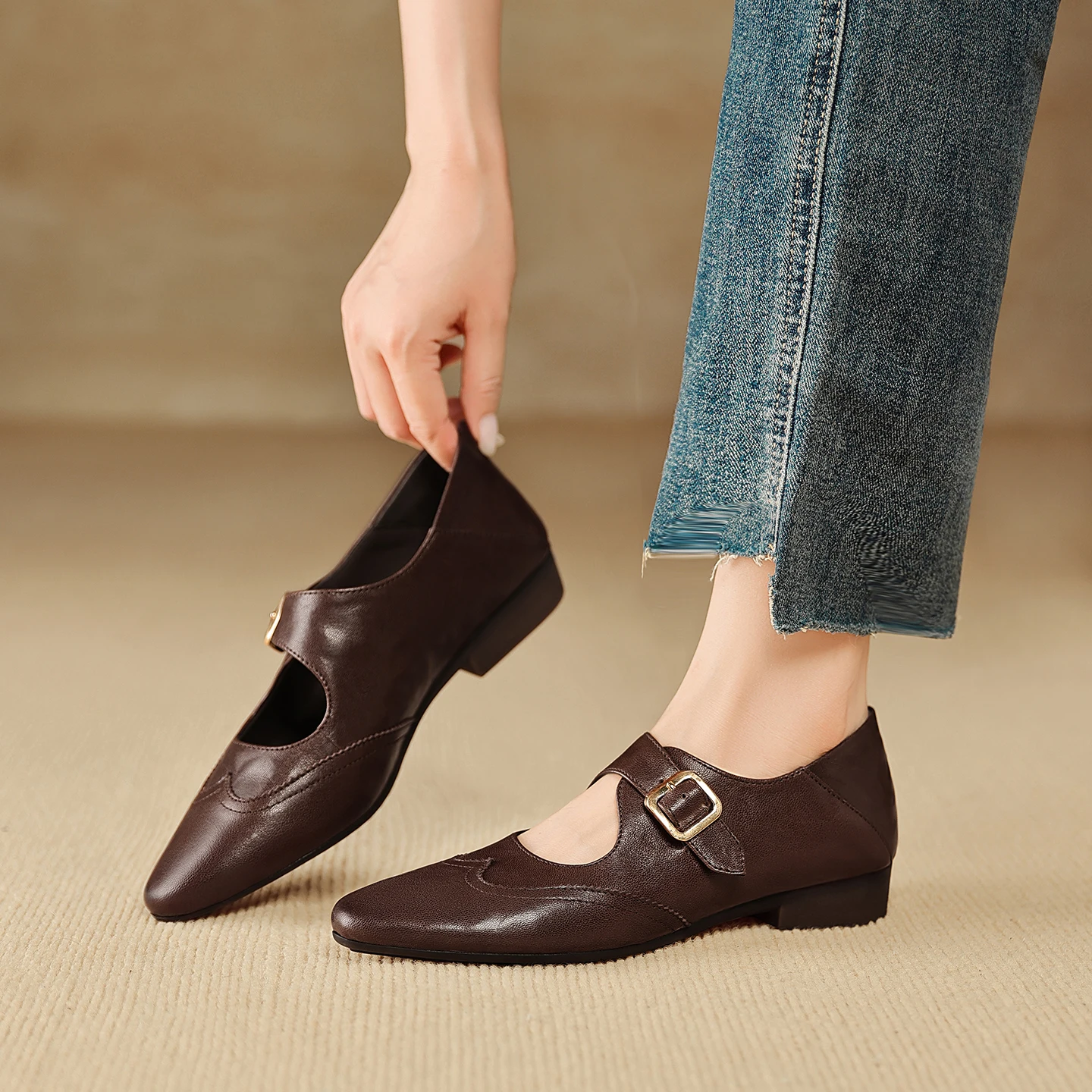 2026 new spring autumn women pumps natural leather 22-25cm soft sheepskin square toe buckle mary janes women shoes  fashion