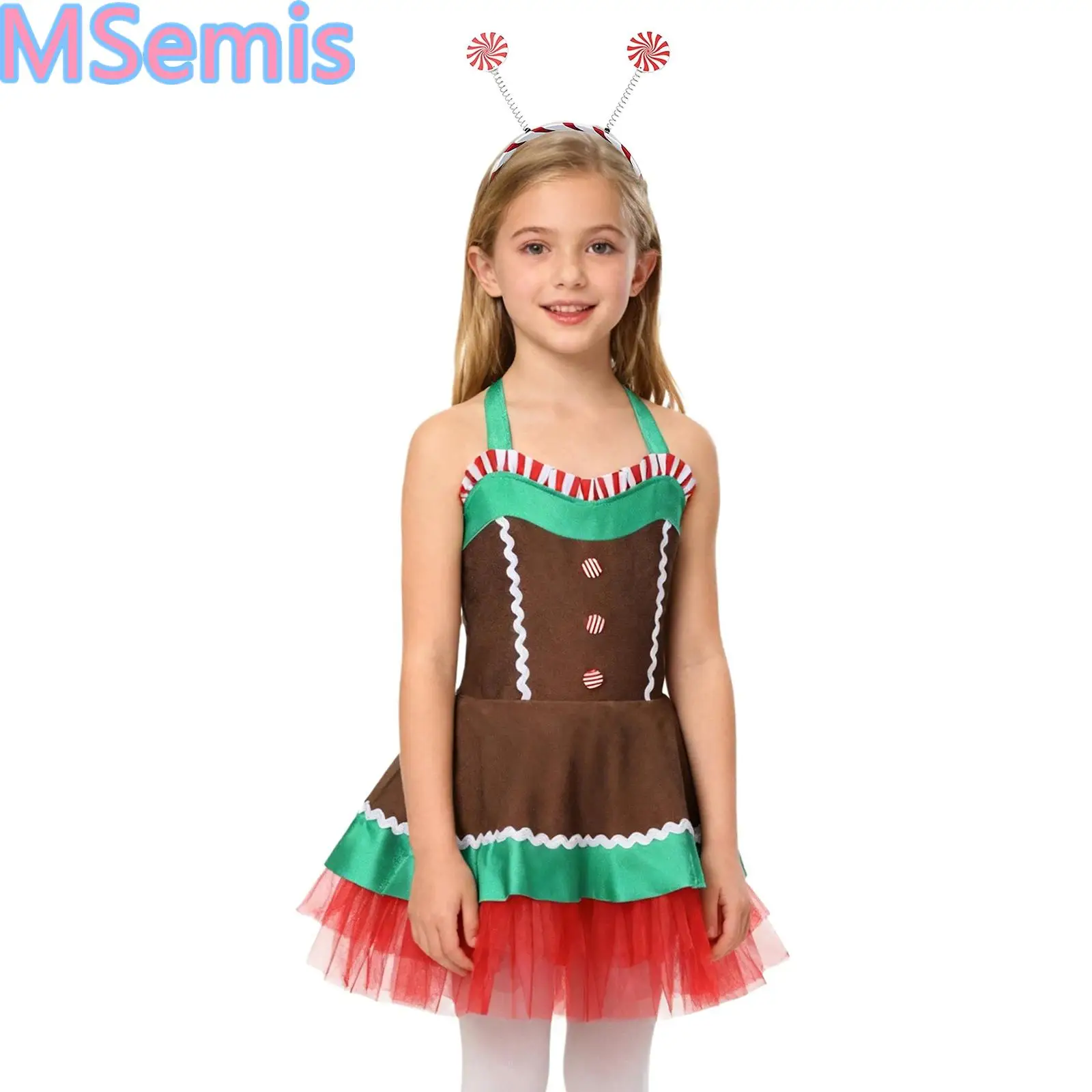 

Детский рождественский пряничный костюм для девочек, платье-пачка без рукавов с открытой спиной, боди с леденцом, повязка для волос, обруч для волос