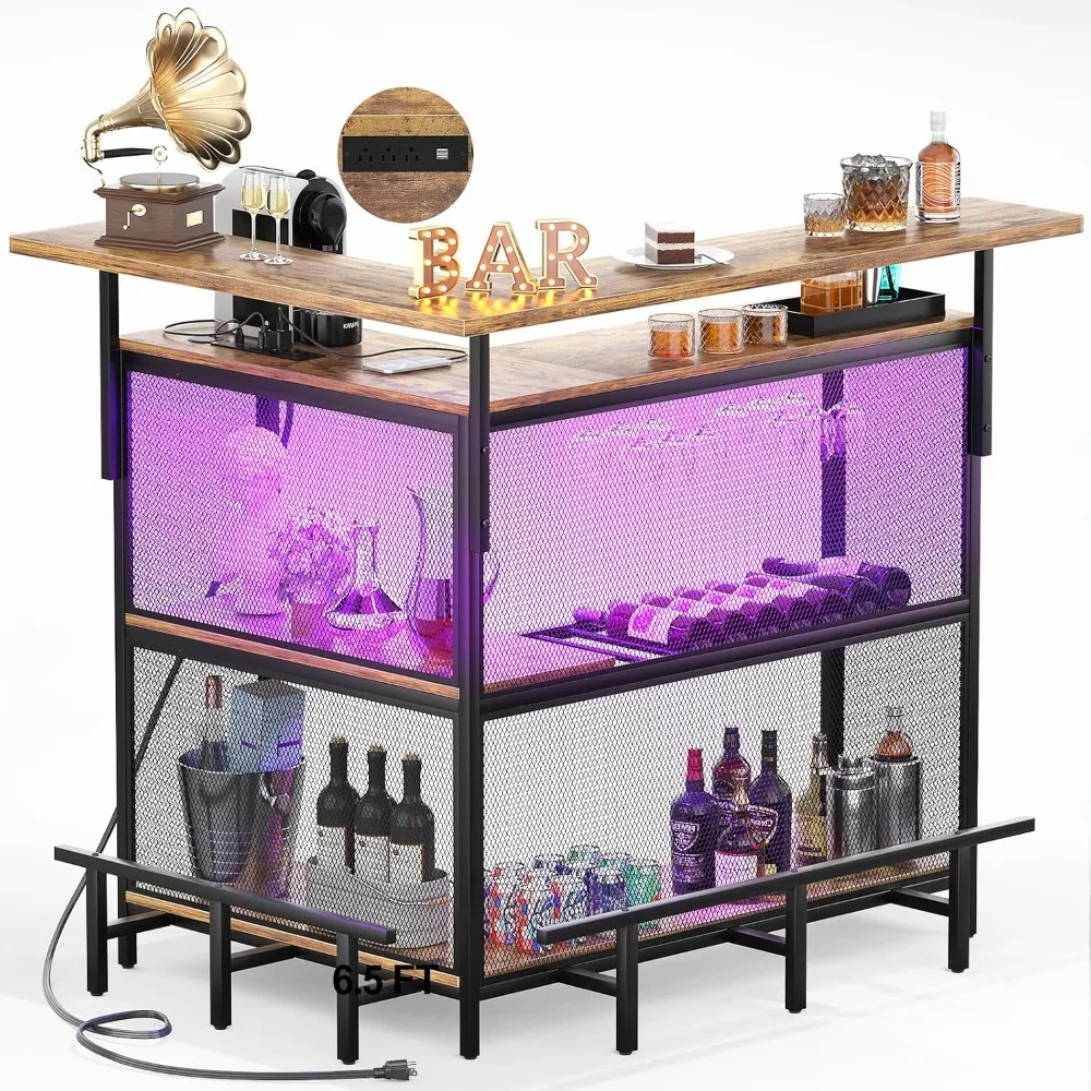 

4-Tier L Shaped Home Bar with Power Outlet & LED Light, Footrest, Liquor Bar with Glass Holder with Storage, Corner Bar Table