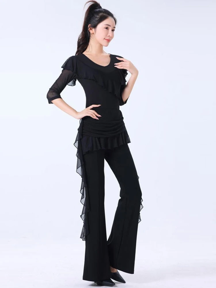 Calças de Prática de Dança Quadrada Fenas, Calças Modernas de Dança, Roupa de Dança Latina, Calças Longas de Aodão e Po...