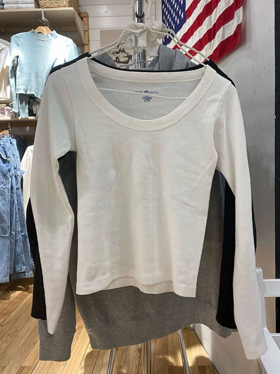 Women Solid Long Sleeve T-Shirt O Neck Basic Casual Slim Tee Shirt 2023 Spring Fashion Cotton Y2k White Simple Cute Tops Chic