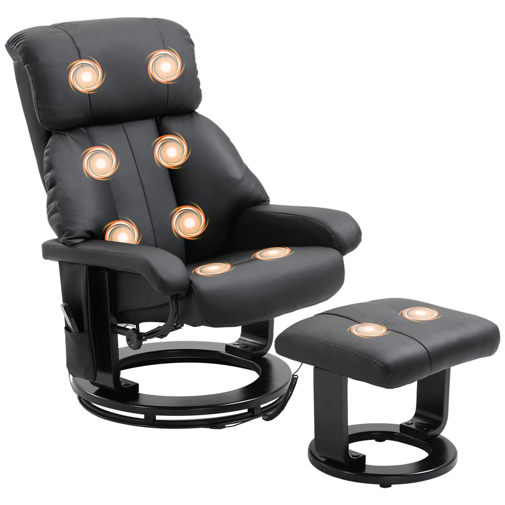 HOMCOM Massage Recliner Chair with Ottoman, 360° Swivel Recliner and Footstool, 10-Point Vibration, PU Leather Reclining Chair with Remote Control, Black