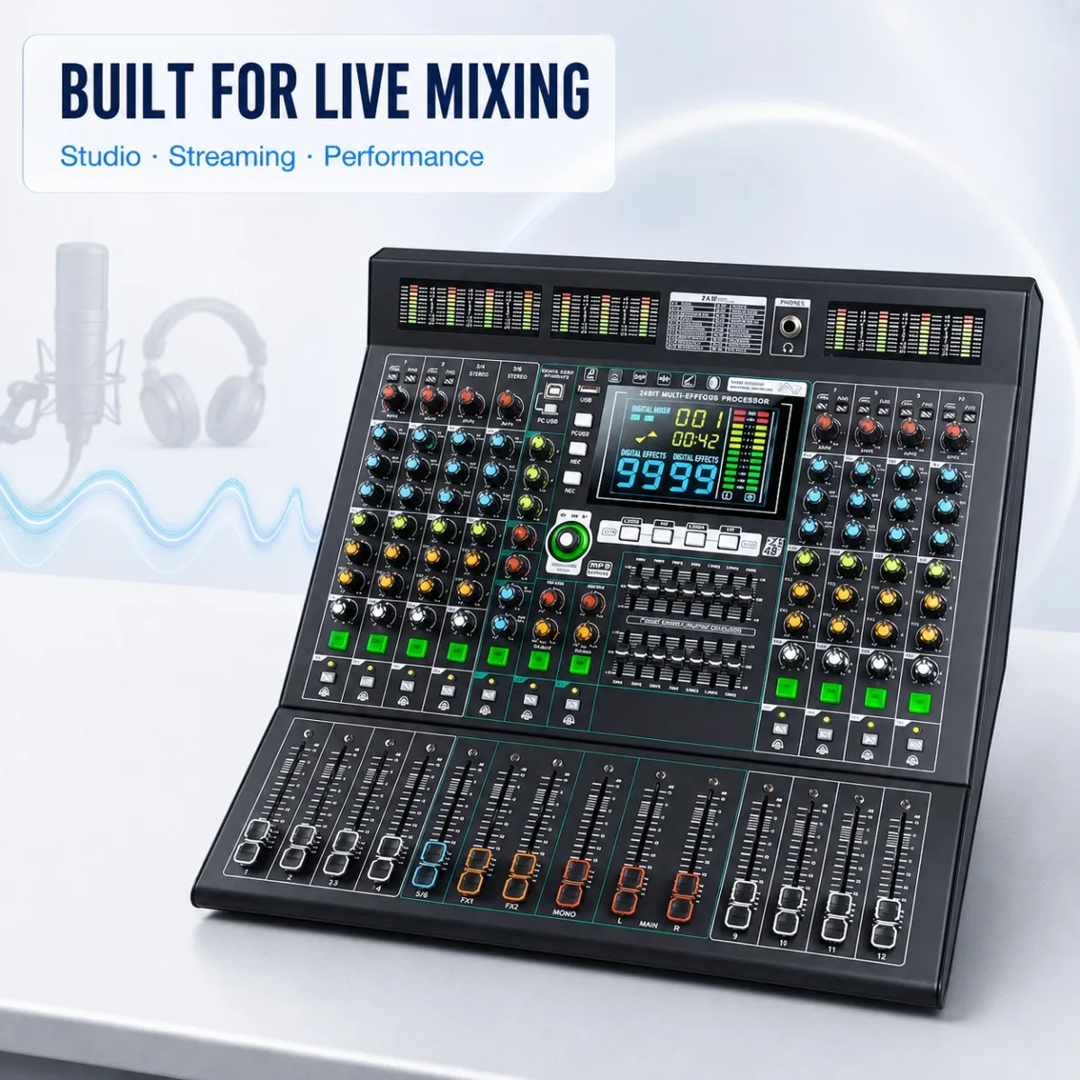 NXG 10 Channel Professional Audio Mixer, 99 DSP Effects 48V Phantom Power Sound Mixing Console for Stage Recording