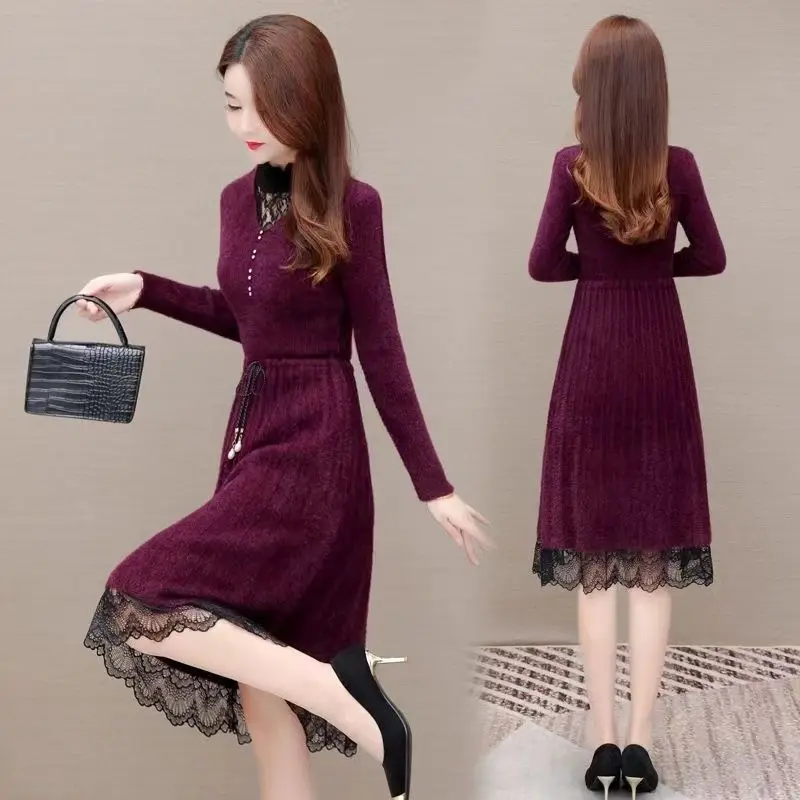 Vestido de gasa de encaje empalmado de manga larga para mujer, vestido de línea A, Cuello medio alto, elegante, Simple, moda de otoño e invierno, nuevo