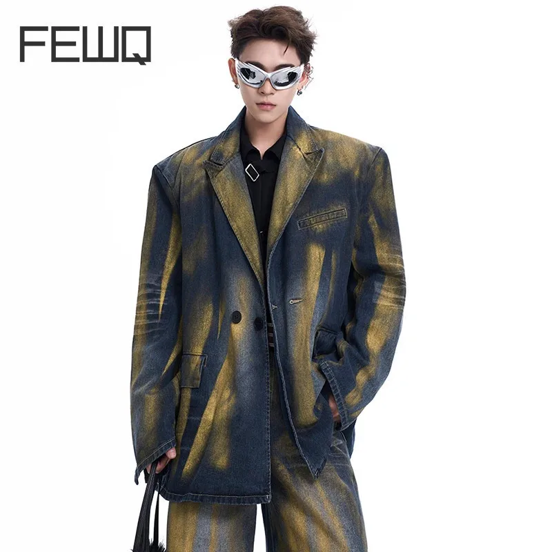 FEWQ Men\'s Tie Dye Washed Pleated Denim Suit Jacket Autumn Winter 2024 Vintage Contrast Color Male Sets 24E2185