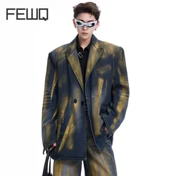 FEWQ Men's Tie Dye Washed Pleated Denim Suit Jacket Autumn Winter 2024 Vintage Contrast Color Male Sets 24E2185