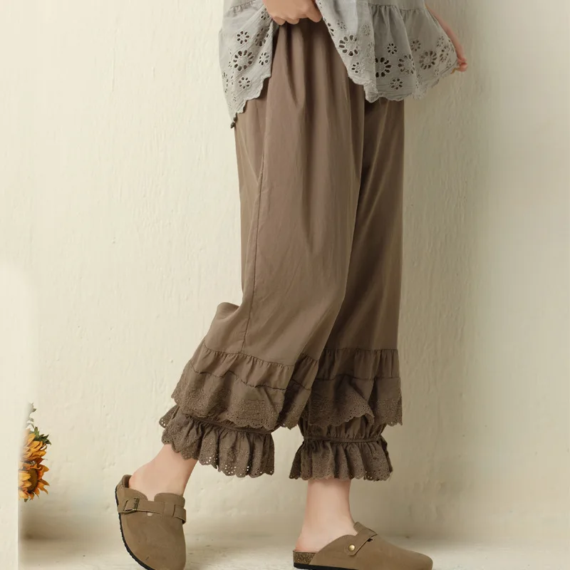 

Vintage Solid Color Lantern Pants Ruffles Lace Hem Lace Trim Bloomers Elastic Wasit Wide Leg Pants Elastic Bubble Pants