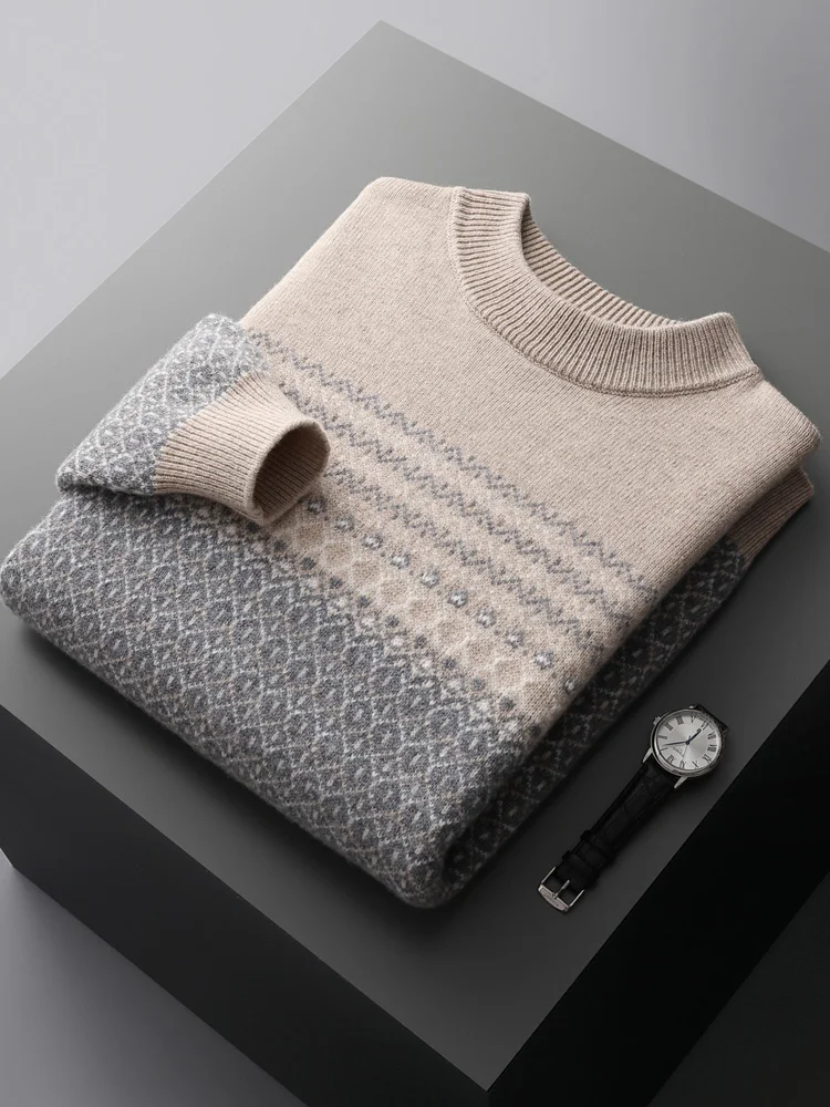 New Men Mock-neck Cashmere Sweater Autumn Winter Thick Pullover 100% Merino Wool Knitwear Jacquard  Knitting Warm Casual Tops