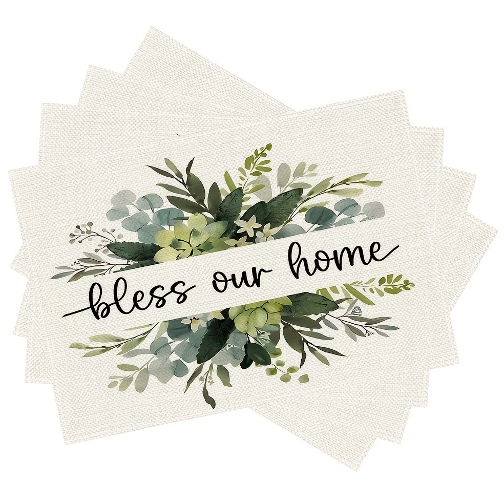 Eucalyptus Greenery Bless Our Home Quote Print Rectangular Placemats  Set Farmhouse Dining Table Decor Mats 4PC 6PC 8PC
