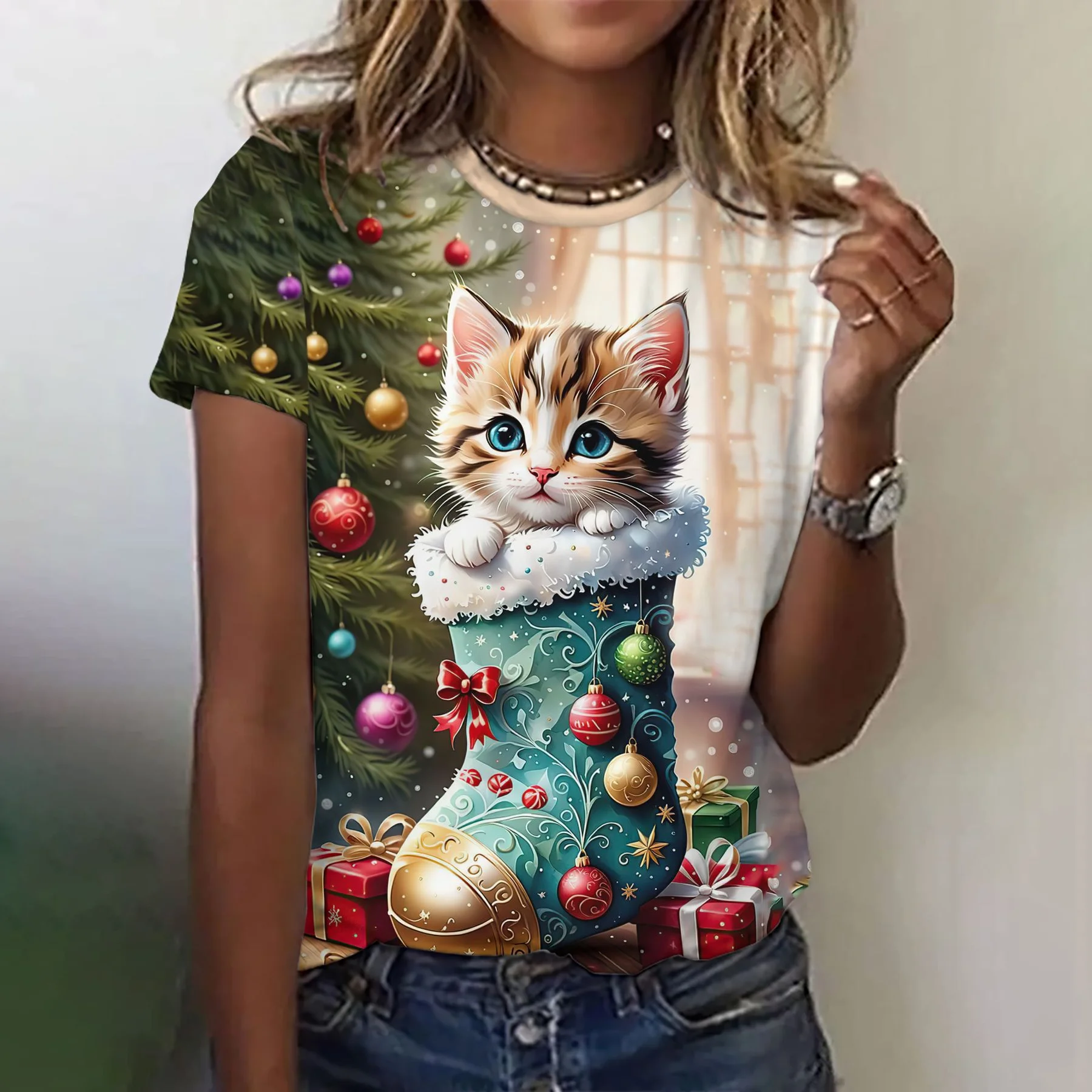 Fashion Cat Print T Shirt For Women Funny Animal Graphic Tees Summer Casual Street Short Sleeve Loose T-Shirts O-Neck Tops 2025