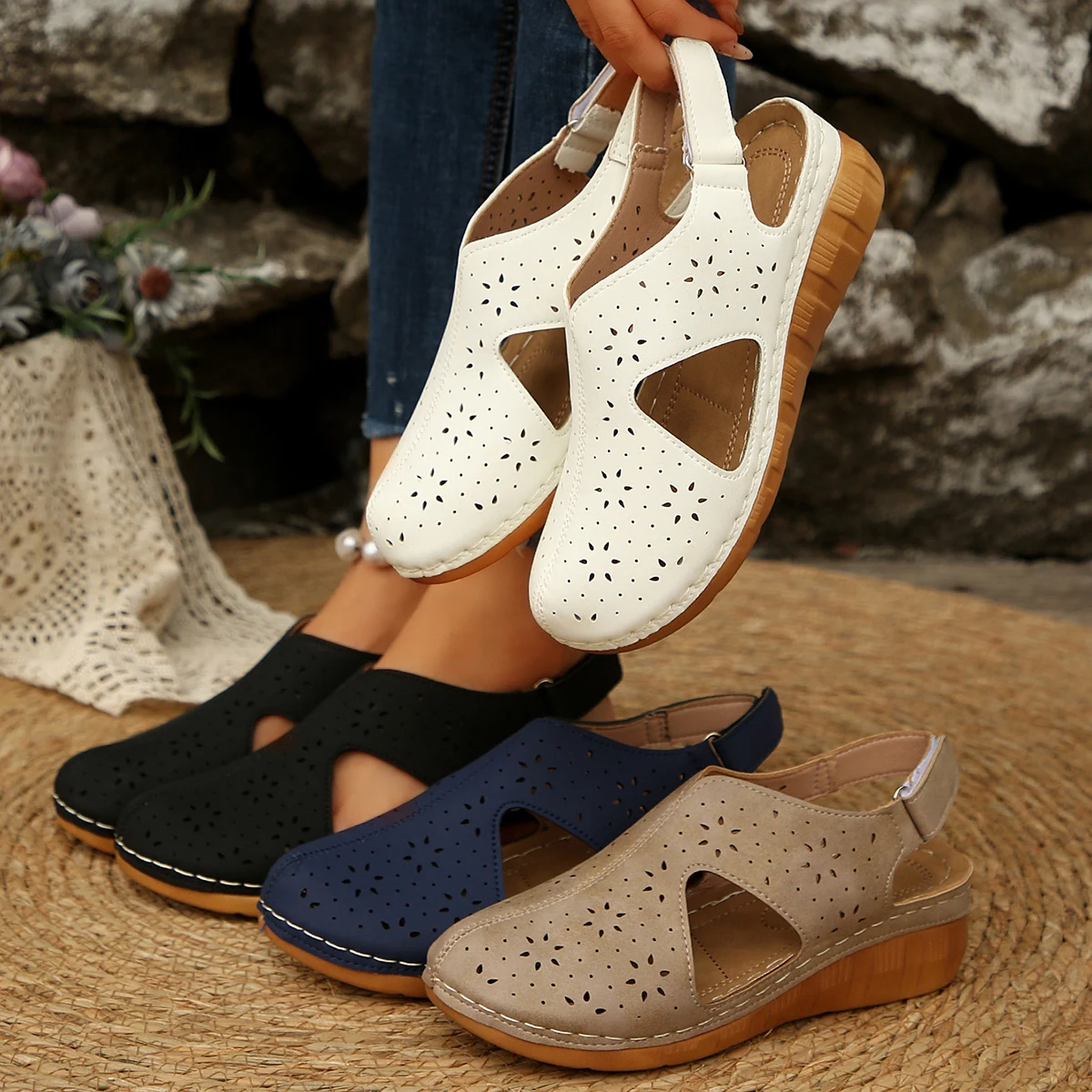 Vintage Damen Keilsandalen Sommer Ausgehöhlte Slingback Freizeitschuhe mit Ausschnitten aus Leder für Damen