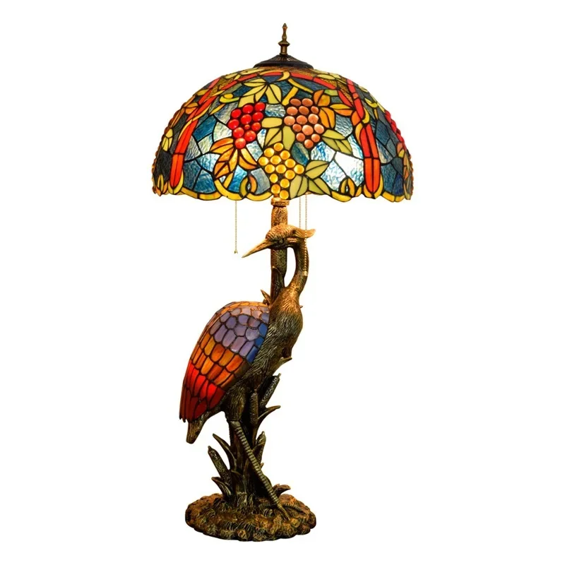 

Tiffany retro crane table lamp stained glass living room dining room hotel decoration large grape glazed lamp
