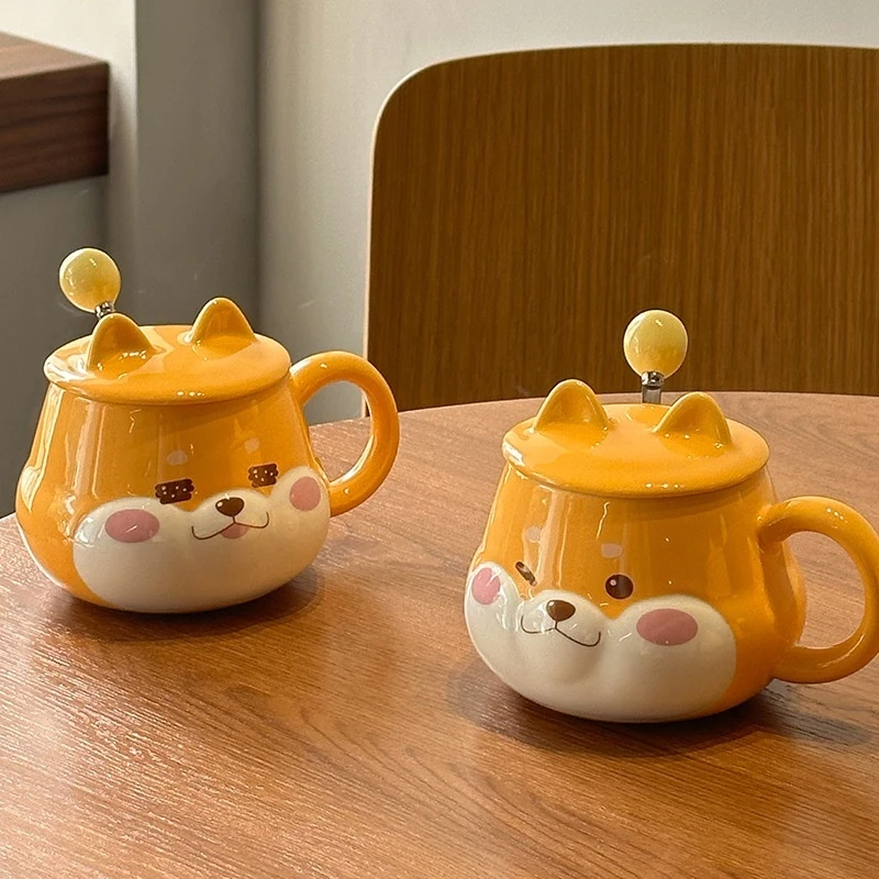 Cute Cartoon Anime Peripheral Dog Doll Model Creative With Cover High Aesthetic Value Home Office Ceramic Milk Coffee Cup Gift