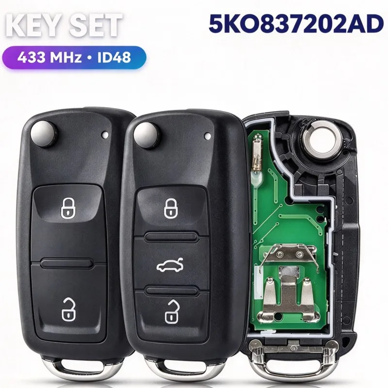2 Button Flip Remote Key Fob For VW Beetle Bora Golf Passat Polo Transporter T5 1J0959753AG 434MHz ID48 Chip