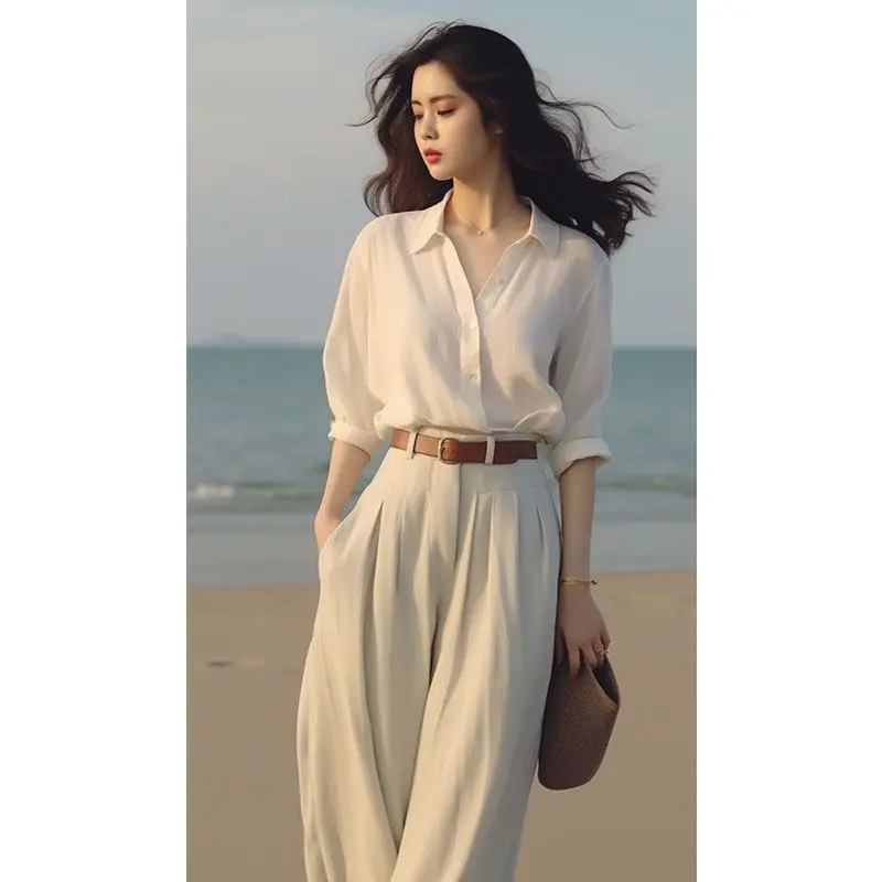 Autumn 2023 Women\'s Fashion Elegant and Able Temperament Set Fashionable Shirt Wide Leg Pants Comfortable and Versatile Set