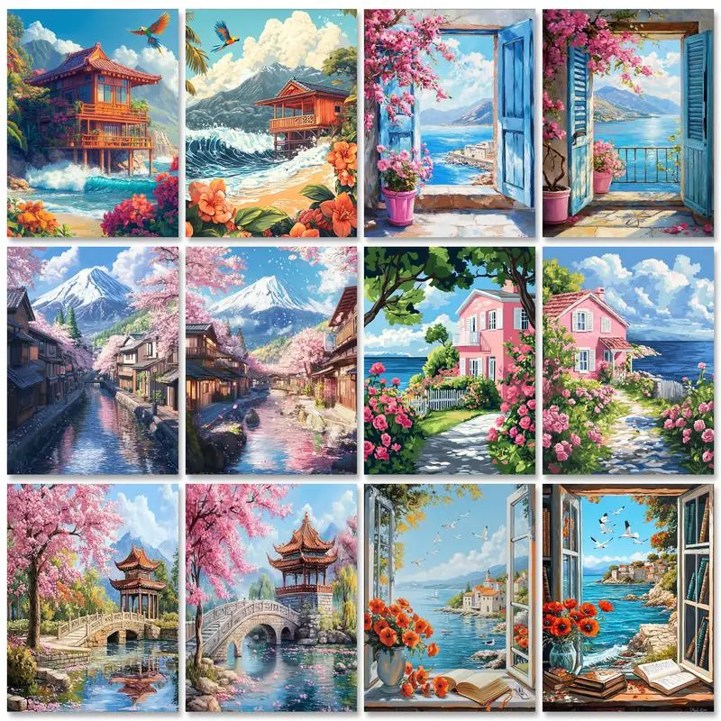 

RUOPOTY Frame Diy Painting By Numbers For Adults Kits Tower Landscape Picture With Numbers For Home Decors Diy Gift